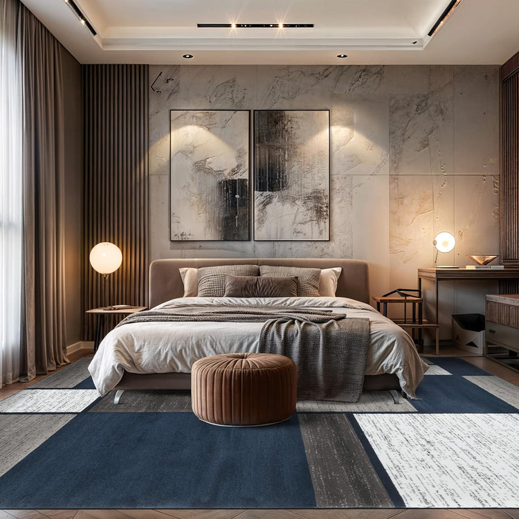 Modern Geometric Navy Area Rug, Fade-Resistant Carpet for Large Living Spaces, 10&