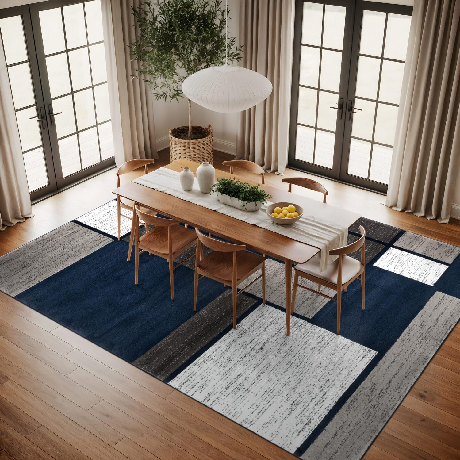 Modern Geometric Navy Area Rug, Fade-Resistant Carpet for Large Living Spaces, 10&
