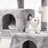 Light Grey Cat Tree Condo with Sisal Scratching Posts, Plush Perch, Dual Houses, and Scratching Board - Kitty Activity Center and Playhouse