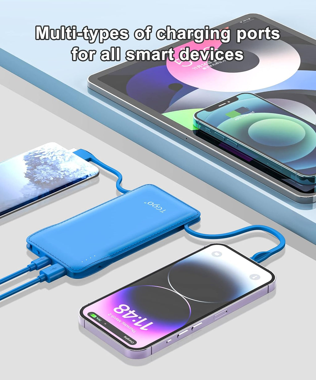 Power Up Anywhere: 10000mAh Portable Charger with Built-In Cables for iPhone and Android Devices