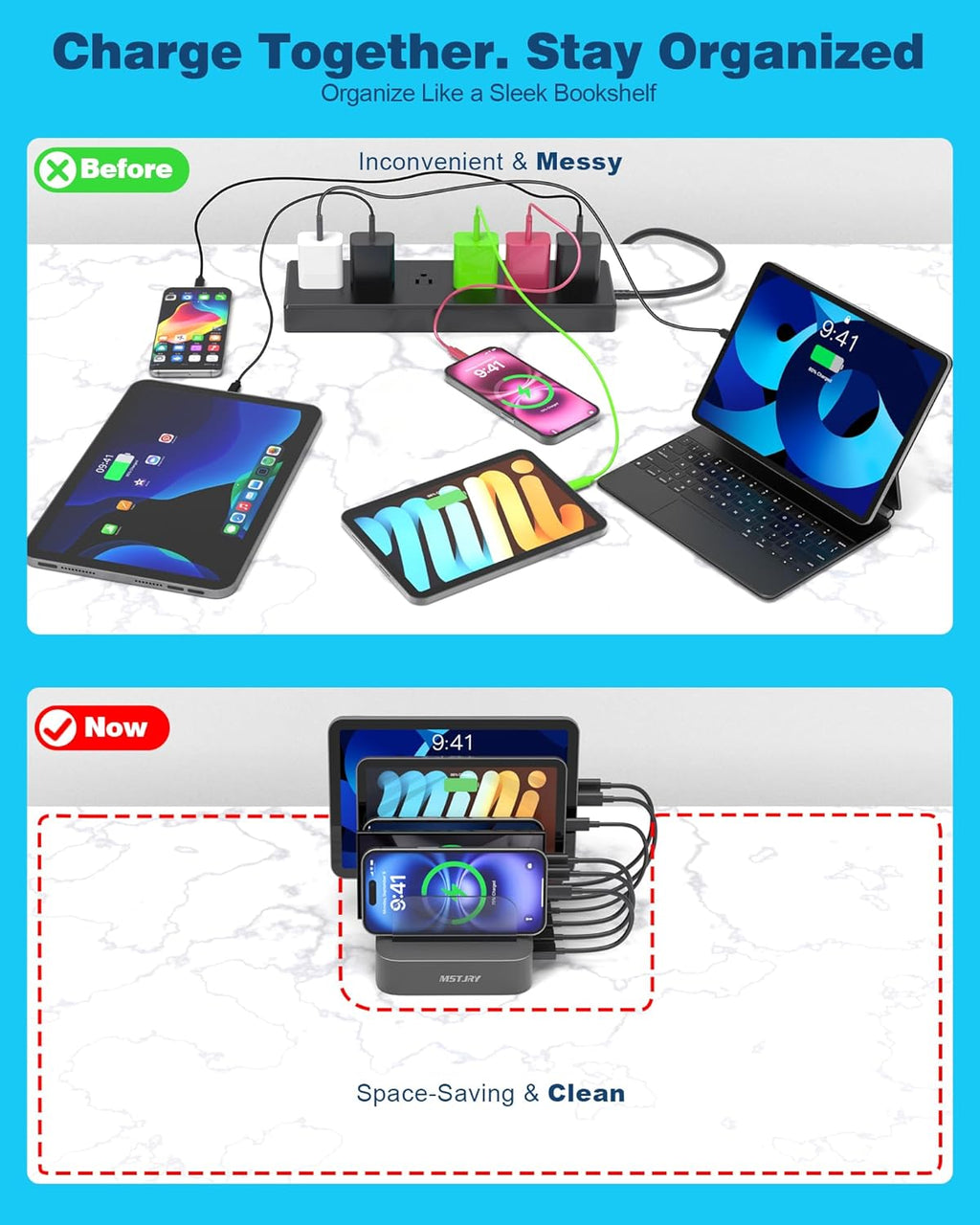 Ultimate 5-Port Charging Station: Multi-Device USB-A Charger Dock for iPhones, iPads, and More - Includes 7 Short Cables, Sleek Gray Design