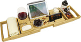 Bamboo Bathtub Caddy Tray, Expandable Bath Table over Tub for 1-2 Person, Luxury Bath & Bed Tray with Wineglass Book & Free Soap Holder (Natural)