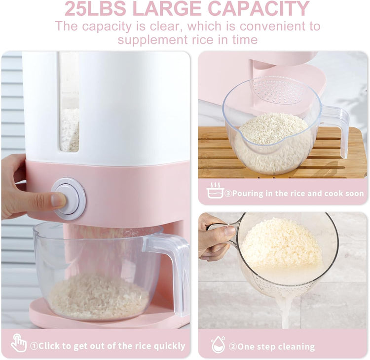 Stylish Pink Rice Dispenser - 22.5 Lbs Airtight Storage Container with Measuring Cup for Perfectly Fresh Rice