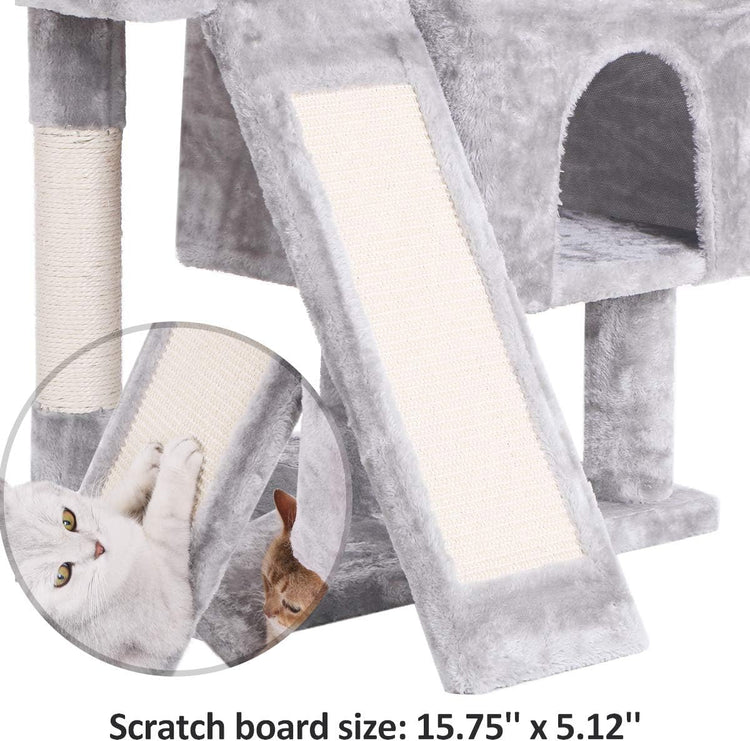 Light Grey Cat Tree Condo with Sisal Scratching Posts, Plush Perch, Dual Houses, and Scratching Board - Kitty Activity Center and Playhouse