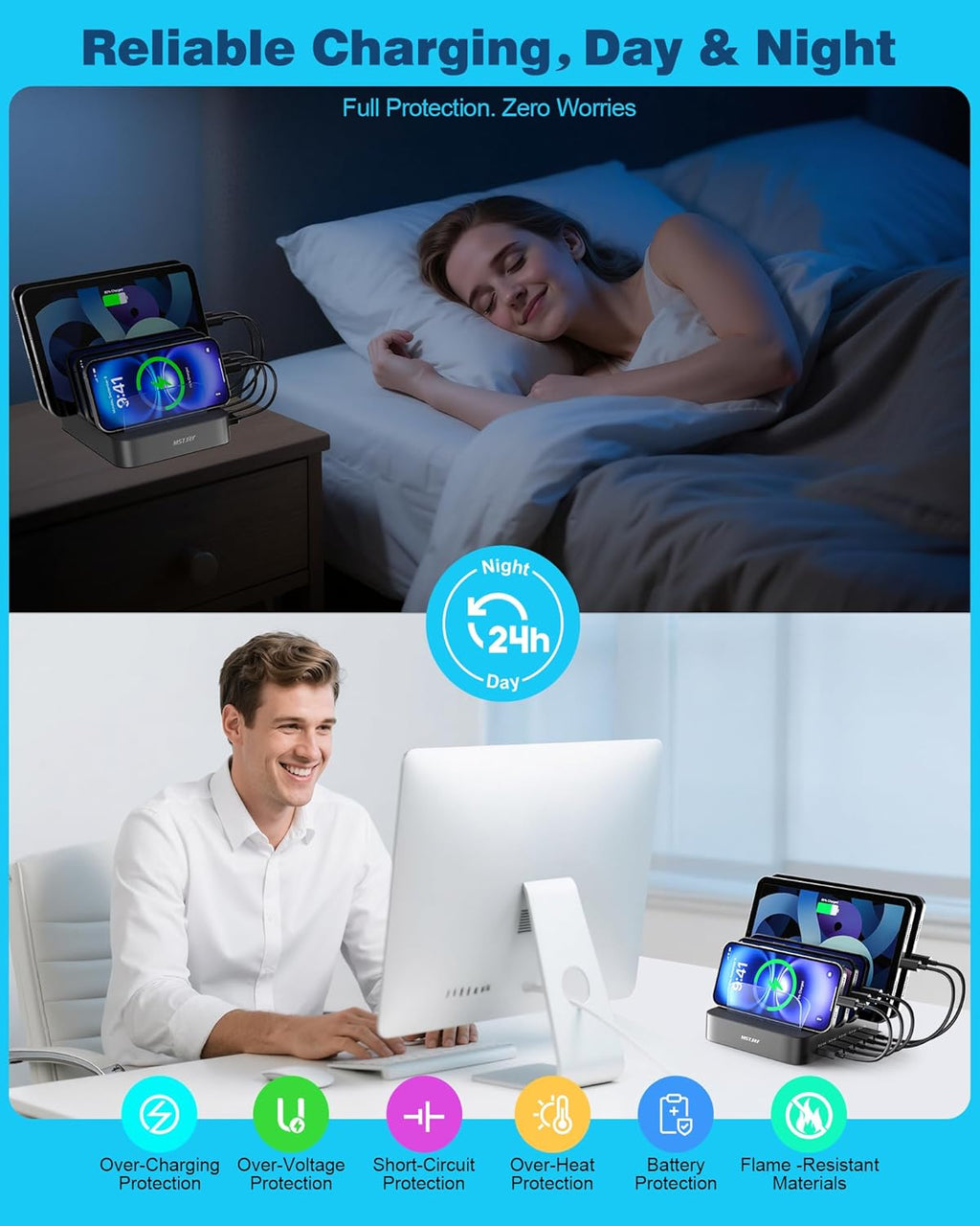 Ultimate 5-Port Charging Station: Multi-Device USB-A Charger Dock for iPhones, iPads, and More - Includes 7 Short Cables, Sleek Gray Design