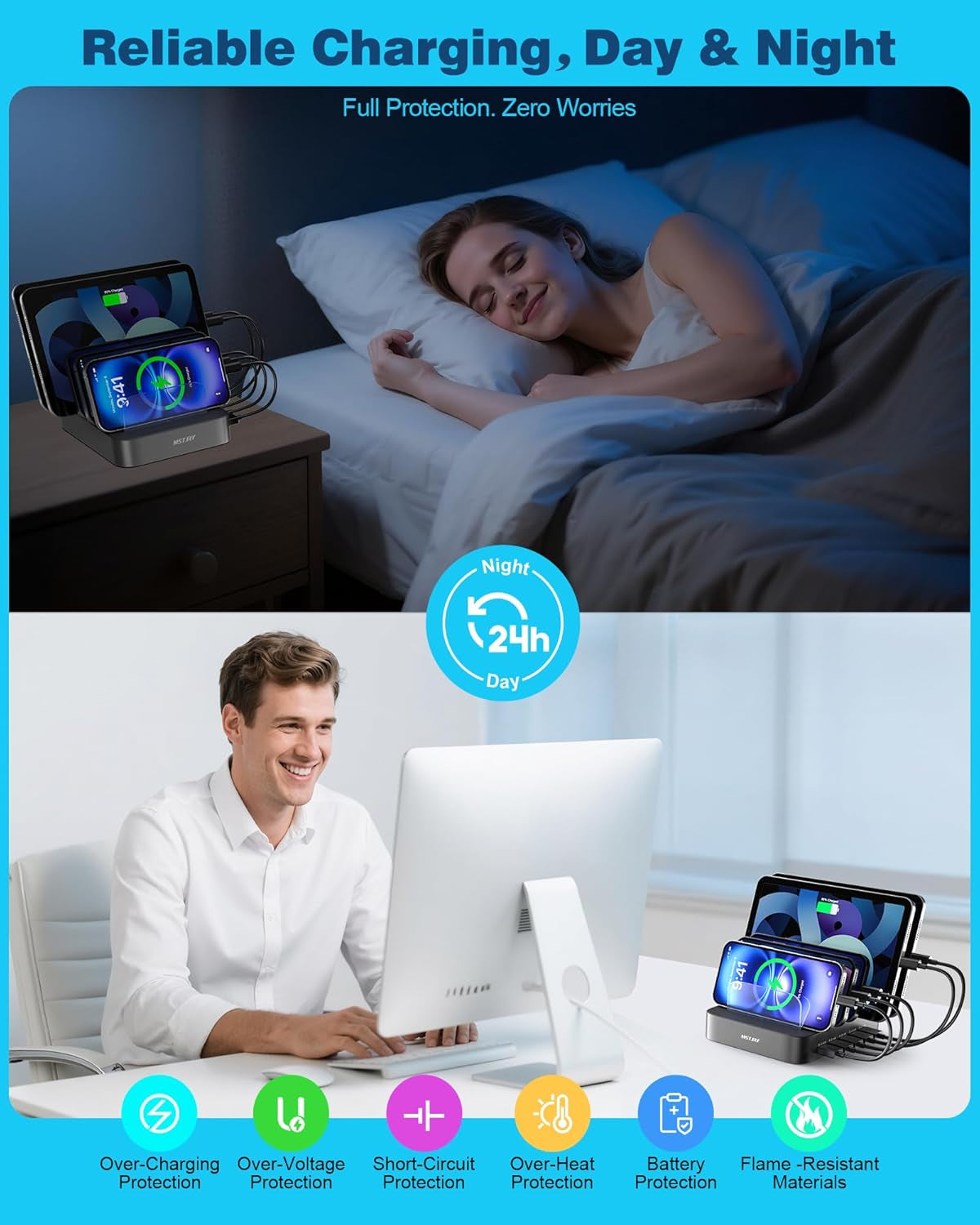 Ultimate 5-Port Charging Station: Multi-Device USB-A Charger Dock for iPhones, iPads, and More - Includes 7 Short Cables, Sleek Gray Design