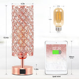 Crystal Table Lamp with 3-Way Dimmable Touch Control, Rose Gold Finish, USB-C and USB Ports, Ideal for Bedroom, Living Room, or Home Office (Includes Bulb)