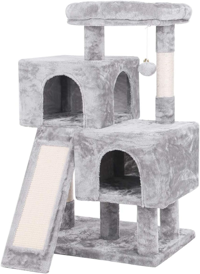 Light Grey Cat Tree Condo with Sisal Scratching Posts, Plush Perch, Dual Houses, and Scratching Board - Kitty Activity Center and Playhouse