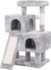 Light Grey Cat Tree Condo with Sisal Scratching Posts, Plush Perch, Dual Houses, and Scratching Board - Kitty Activity Center and Playhouse