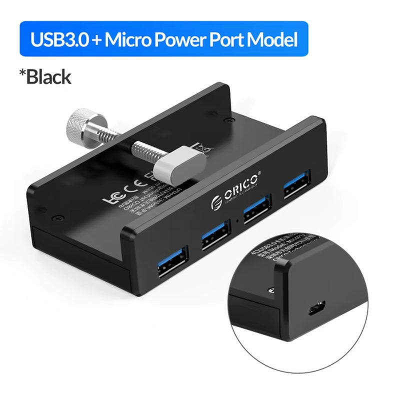 Aluminum Alloy USB 3.0 Hub with Clip Design, 4 Ports Travel Charger and Charging Station, 5Gbps Data Transmission