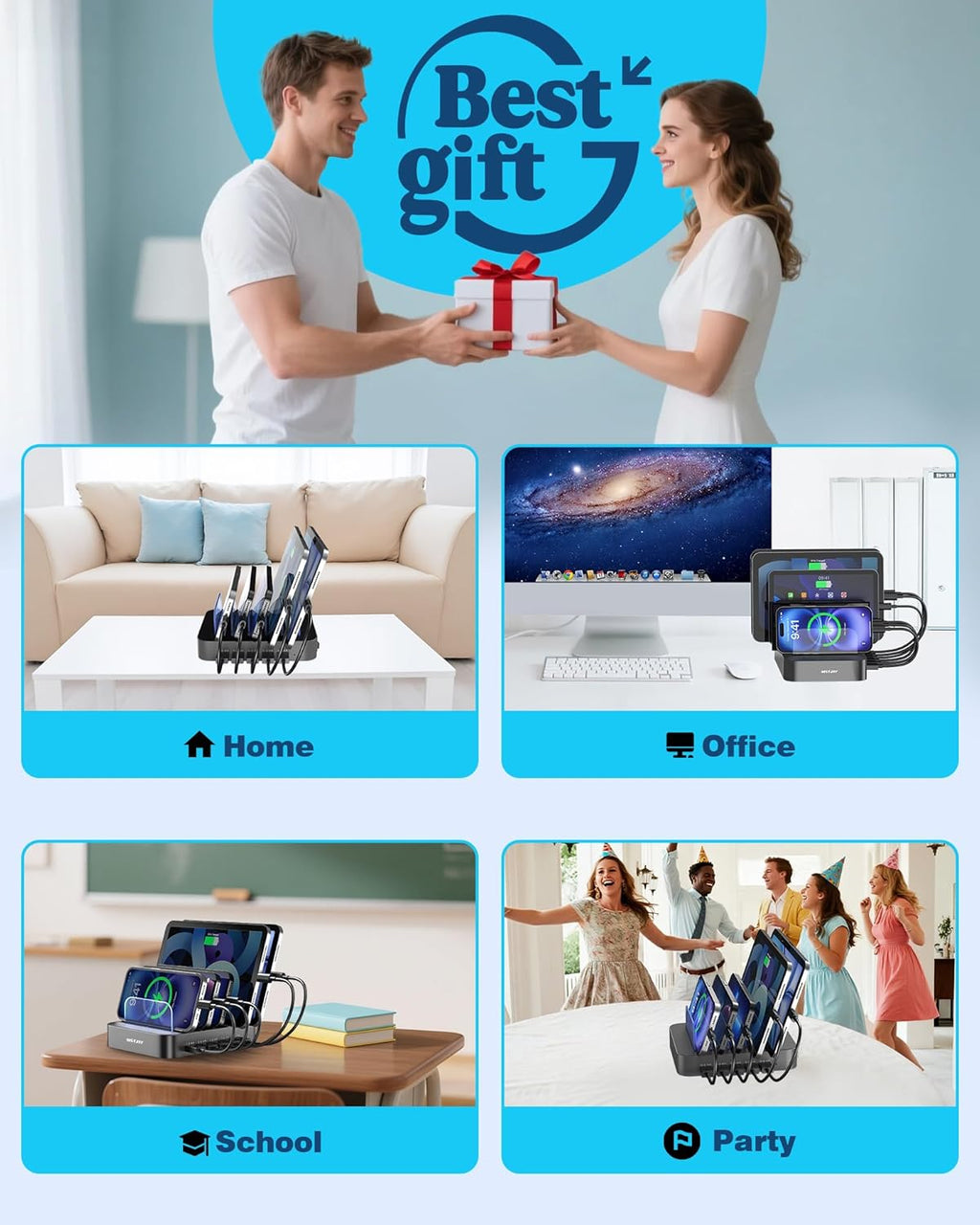 Ultimate 5-Port Charging Station: Multi-Device USB-A Charger Dock for iPhones, iPads, and More - Includes 7 Short Cables, Sleek Gray Design