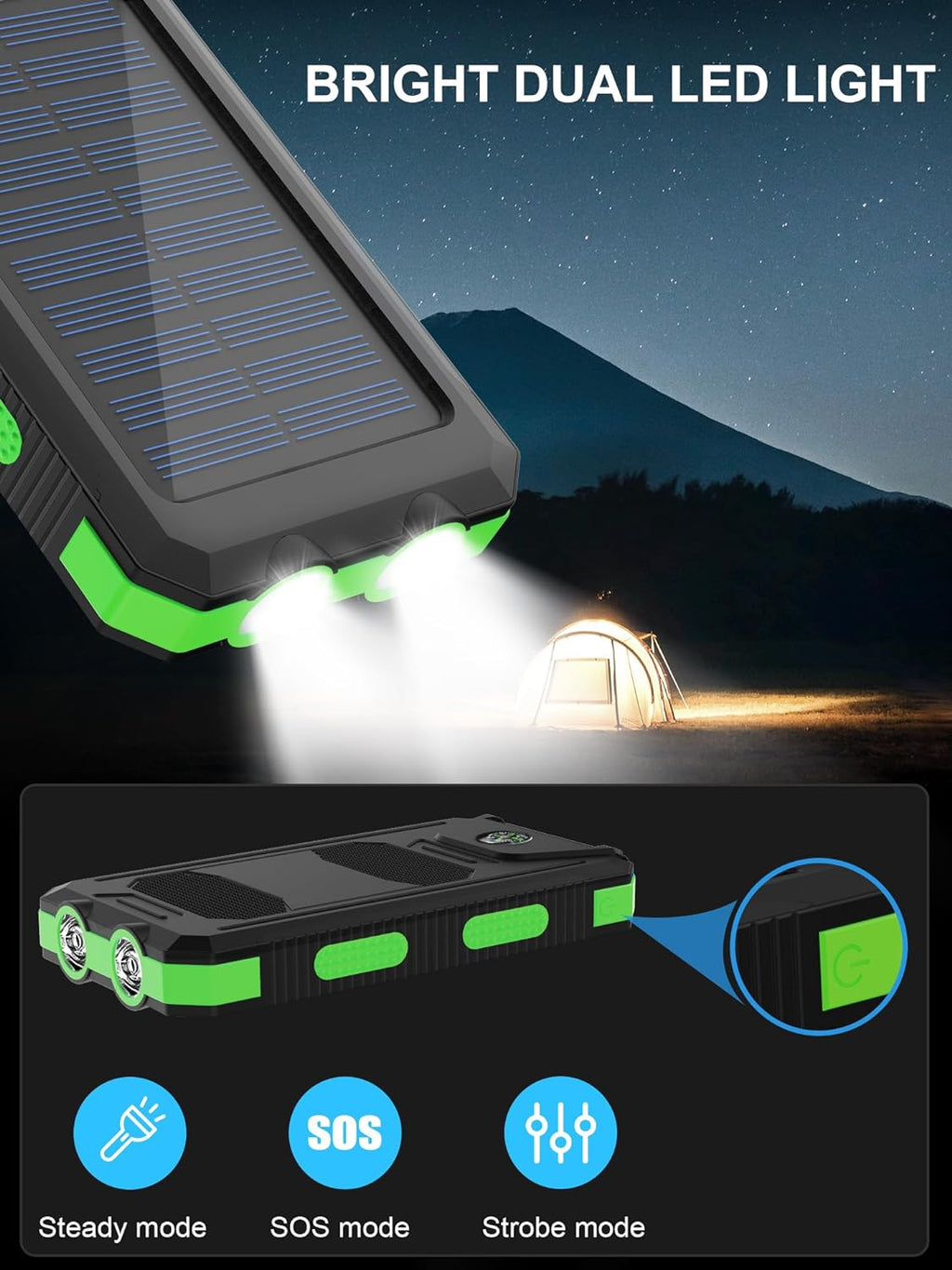 Solar Charger Power Bank - Portable Solar Phone Charger with LED Flashlight, IP65 Waterproof External Battery Pack Perfect for Outdoor Activities (Green)