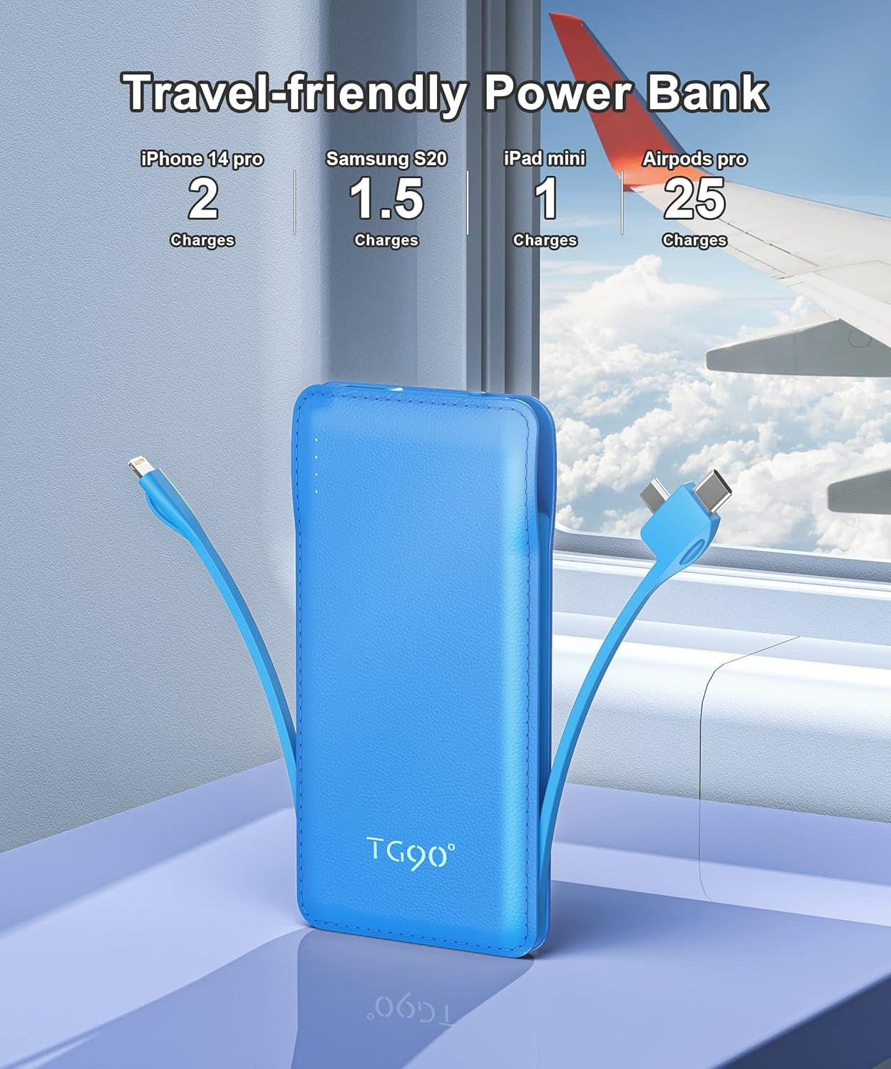 Power Up Anywhere: 10000mAh Portable Charger with Built-In Cables for iPhone and Android Devices