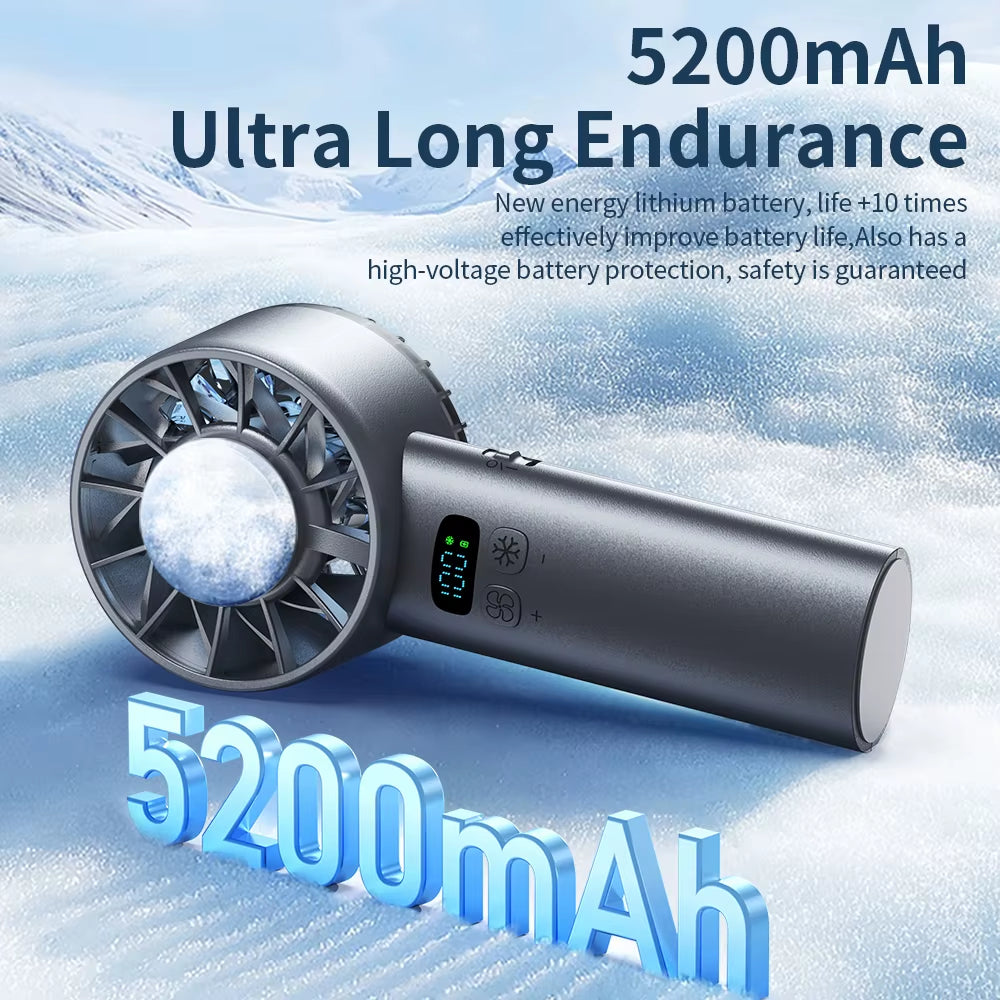 Large Capacity Handheld Fan 5200 Mah High Speed Refrigeration Handheld Fan 100 Speed Outdoor Mini Fan USB Charging Portable Fan