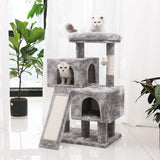 Light Grey Cat Tree Condo with Sisal Scratching Posts, Plush Perch, Dual Houses, and Scratching Board - Kitty Activity Center and Playhouse