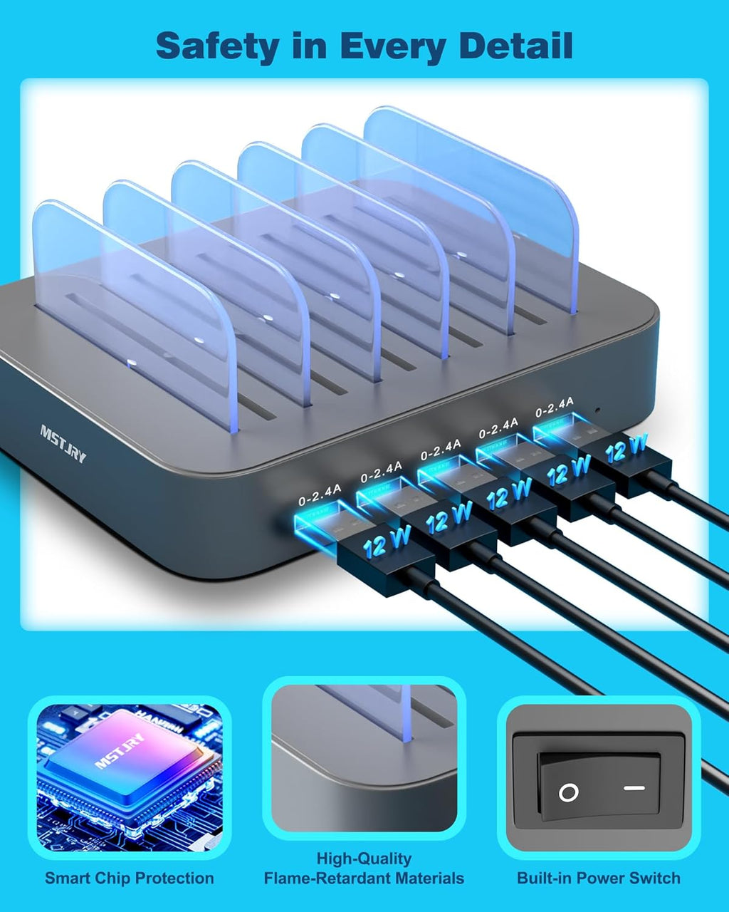 Ultimate 5-Port Charging Station: Multi-Device USB-A Charger Dock for iPhones, iPads, and More - Includes 7 Short Cables, Sleek Gray Design