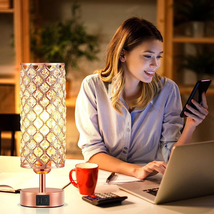 Crystal Table Lamp with 3-Way Dimmable Touch Control, Rose Gold Finish, USB-C and USB Ports, Ideal for Bedroom, Living Room, or Home Office (Includes Bulb)
