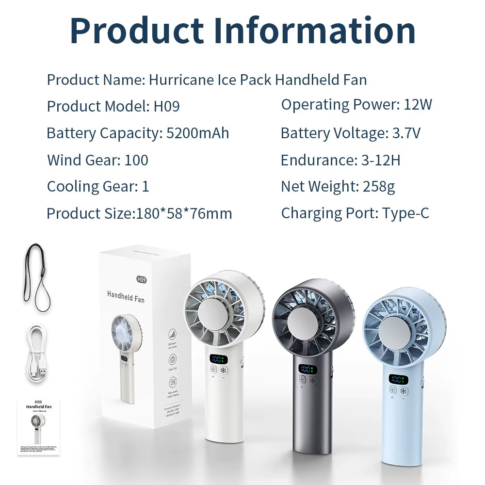 Large Capacity Handheld Fan 5200 Mah High Speed Refrigeration Handheld Fan 100 Speed Outdoor Mini Fan USB Charging Portable Fan