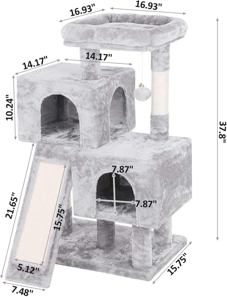 Light Grey Cat Tree Condo with Sisal Scratching Posts, Plush Perch, Dual Houses, and Scratching Board - Kitty Activity Center and Playhouse