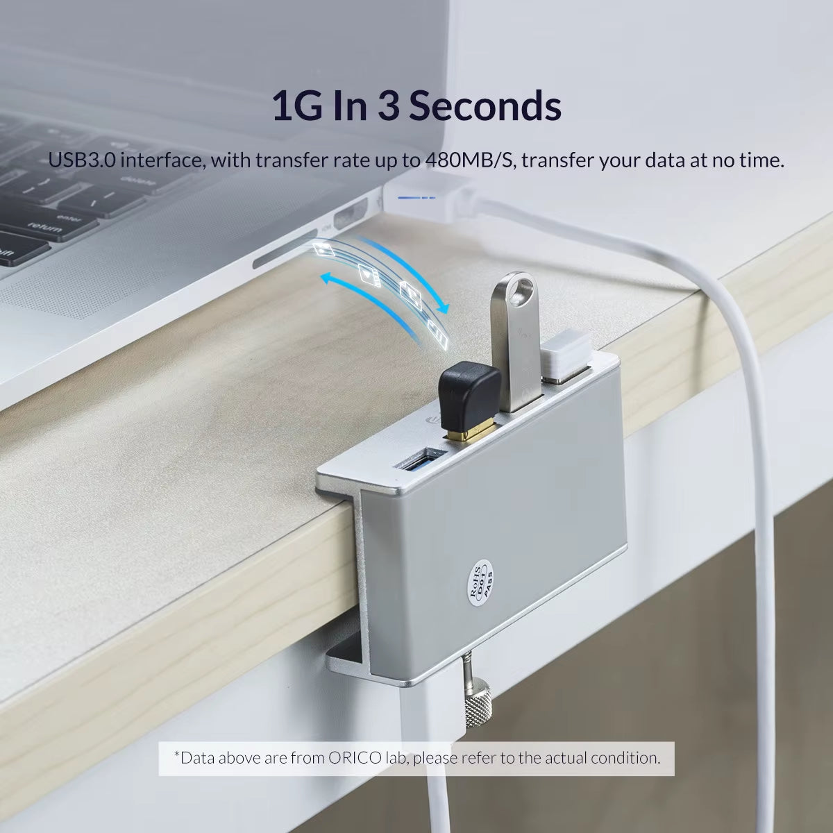 Aluminum Alloy USB 3.0 Hub with Clip Design, 4 Ports Travel Charger and Charging Station, 5Gbps Data Transmission