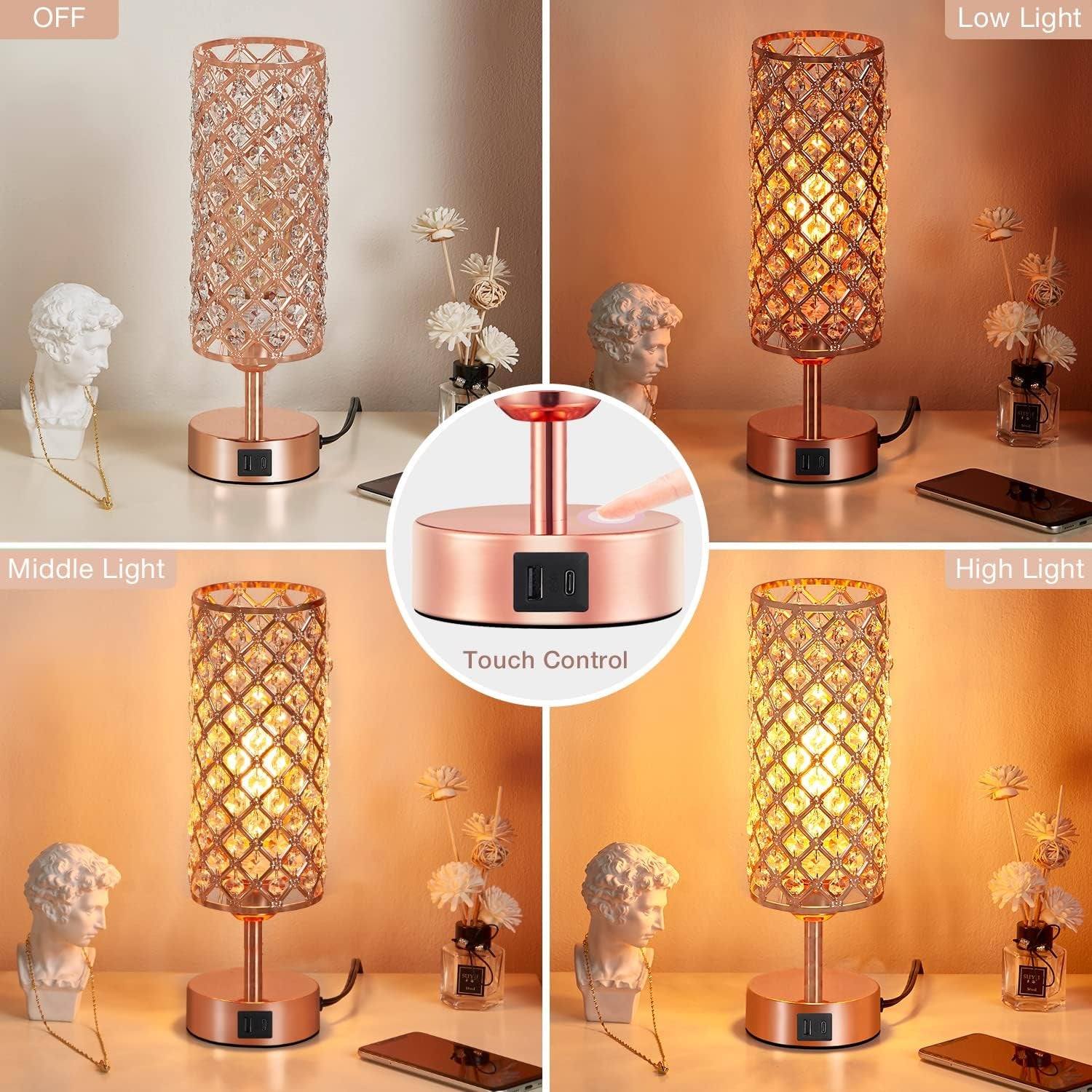 Crystal Table Lamp with 3-Way Dimmable Touch Control, Rose Gold Finish, USB-C and USB Ports, Ideal for Bedroom, Living Room, or Home Office (Includes Bulb)
