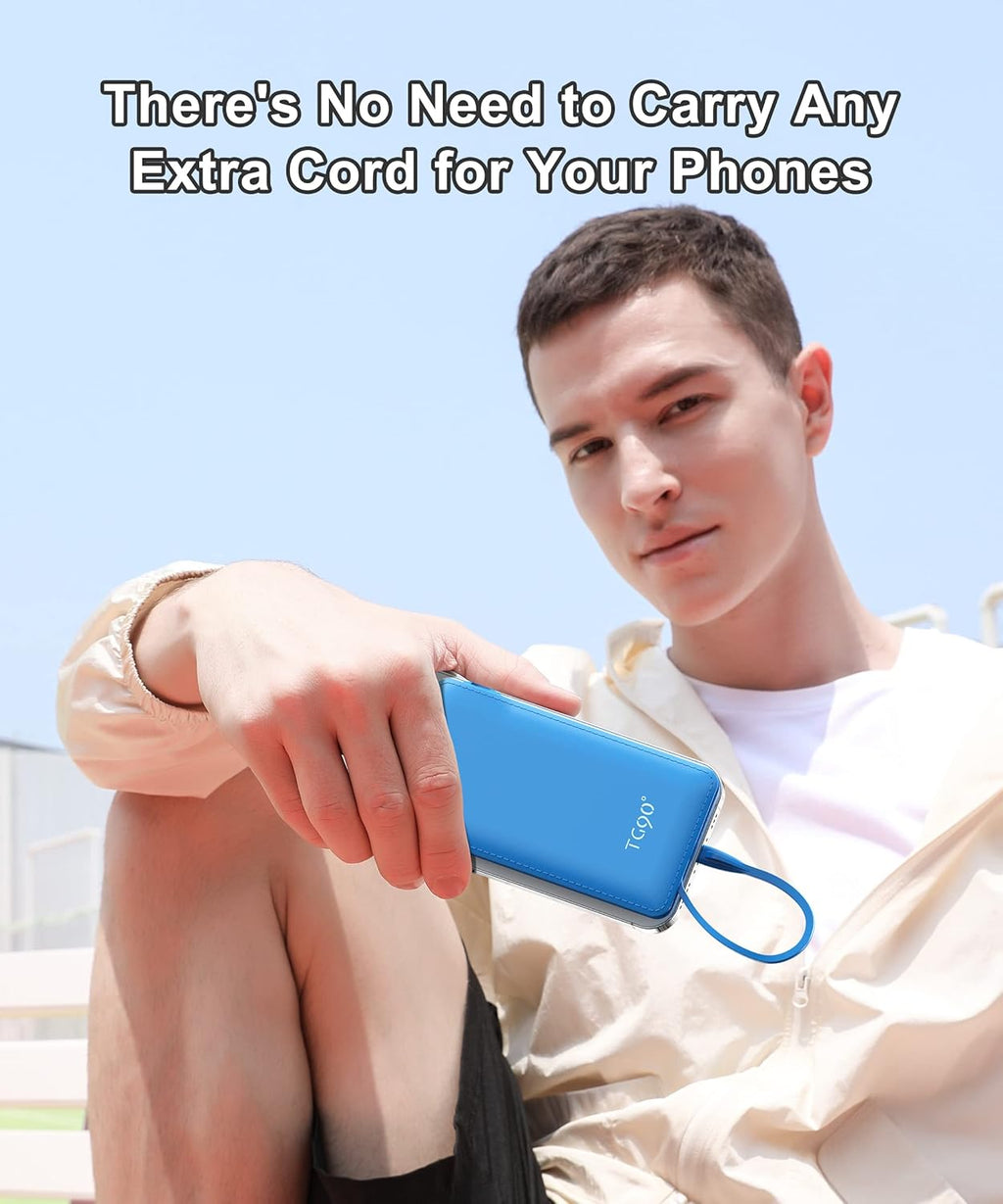 Power Up Anywhere: 10000mAh Portable Charger with Built-In Cables for iPhone and Android Devices