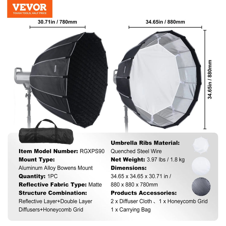 Transform Your Photography with the VEVOR 33" Parabolic Softbox - Quick Release, Easy Fold, and Portable Design