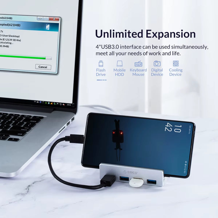 Aluminum Alloy USB 3.0 Hub with Clip Design, 4 Ports Travel Charger and Charging Station, 5Gbps Data Transmission
