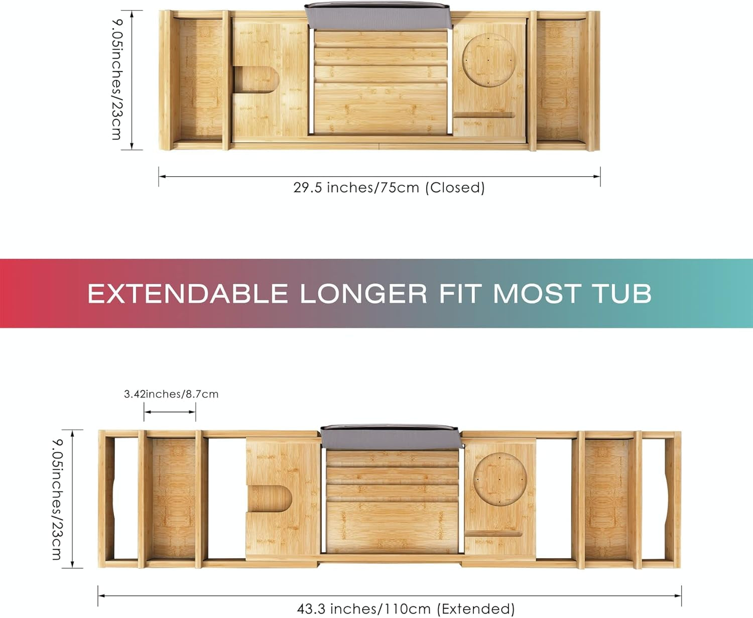 Bamboo Bathtub Caddy Tray, Expandable Bath Table over Tub for 1-2 Person, Luxury Bath & Bed Tray with Wineglass Book & Free Soap Holder (Natural)