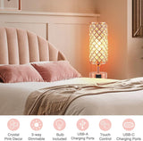 Crystal Table Lamp with 3-Way Dimmable Touch Control, Rose Gold Finish, USB-C and USB Ports, Ideal for Bedroom, Living Room, or Home Office (Includes Bulb)