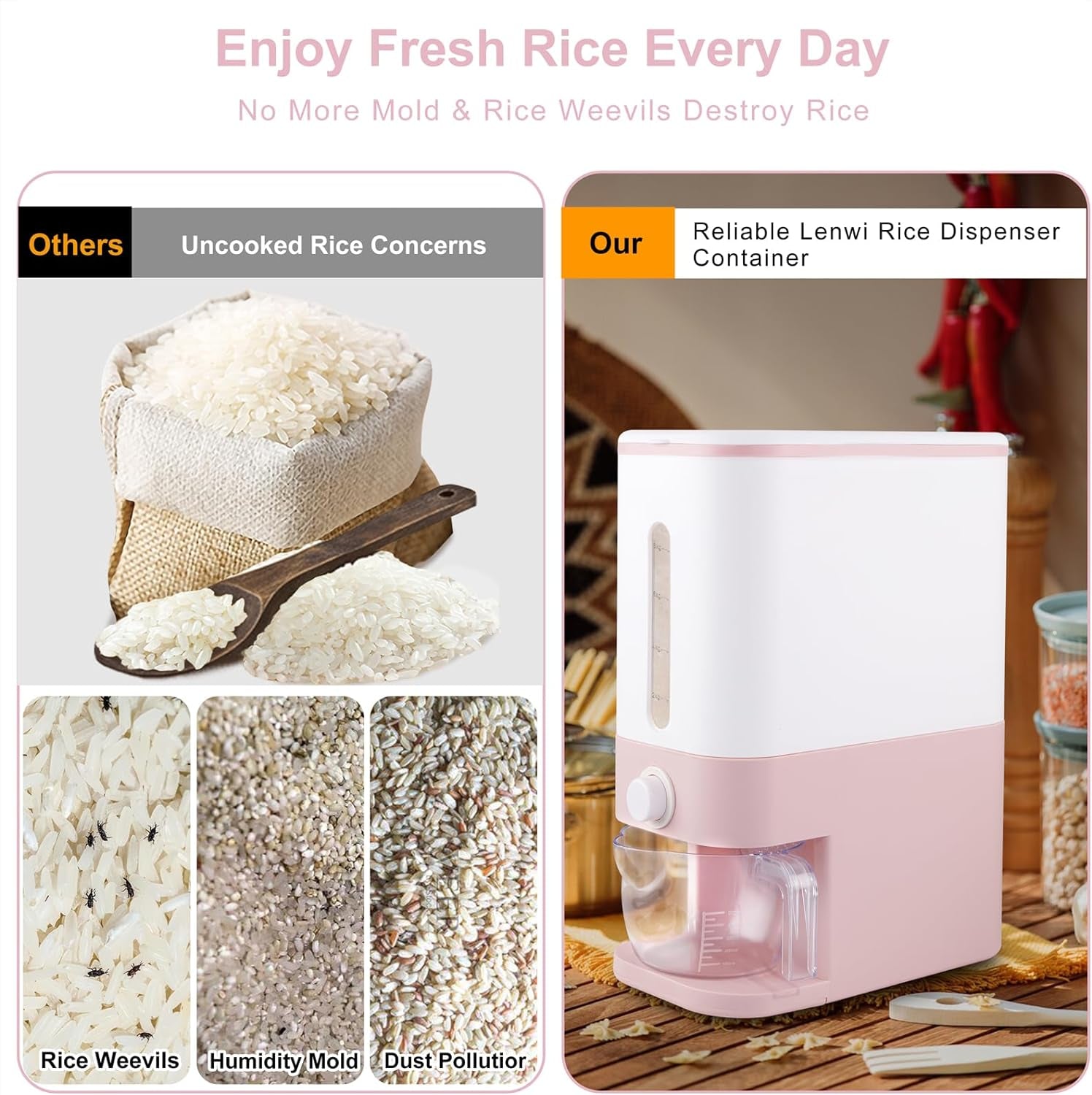 Stylish Pink Rice Dispenser - 22.5 Lbs Airtight Storage Container with Measuring Cup for Perfectly Fresh Rice