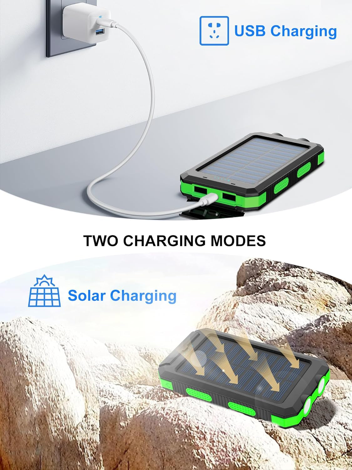 Solar Charger Power Bank - Portable Solar Phone Charger with LED Flashlight, IP65 Waterproof External Battery Pack Perfect for Outdoor Activities (Green)