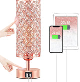 Crystal Table Lamp with 3-Way Dimmable Touch Control, Rose Gold Finish, USB-C and USB Ports, Ideal for Bedroom, Living Room, or Home Office (Includes Bulb)