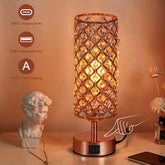 Crystal Table Lamp with 3-Way Dimmable Touch Control, Rose Gold Finish, USB-C and USB Ports, Ideal for Bedroom, Living Room, or Home Office (Includes Bulb)
