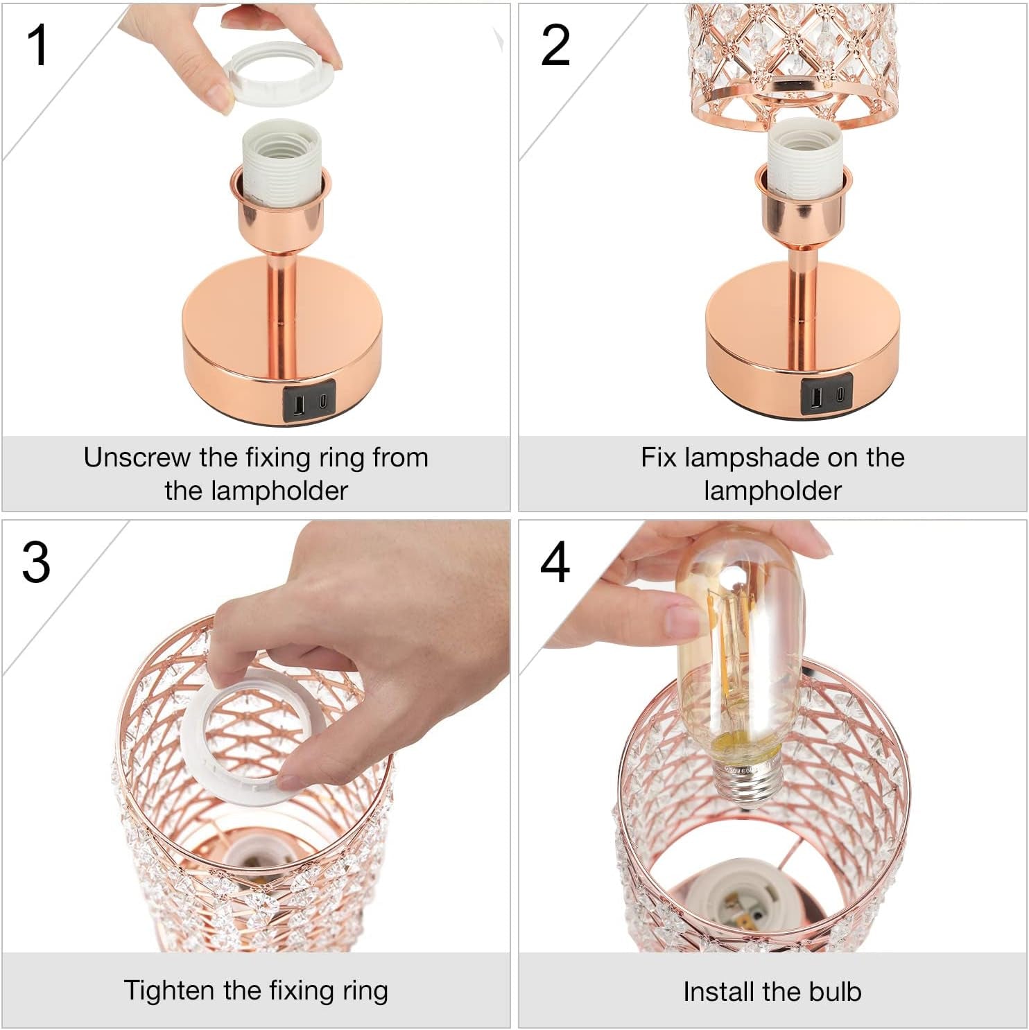 Crystal Table Lamp with 3-Way Dimmable Touch Control, Rose Gold Finish, USB-C and USB Ports, Ideal for Bedroom, Living Room, or Home Office (Includes Bulb)