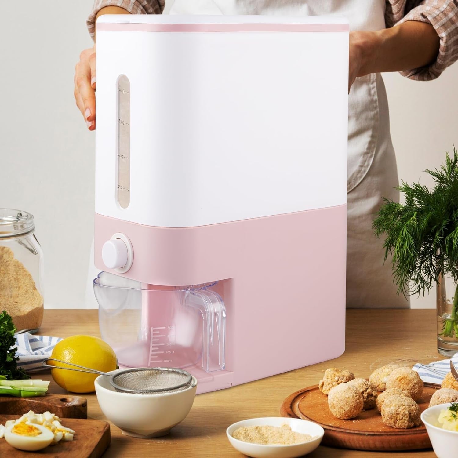 Stylish Pink Rice Dispenser - 22.5 Lbs Airtight Storage Container with Measuring Cup for Perfectly Fresh Rice