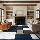 Modern Geometric Navy Area Rug, Fade-Resistant Carpet for Large Living Spaces, 10' x 14
